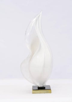 1960s Rougier Table Lamp with Opaque White Acrylic Shell Form and Brass Base