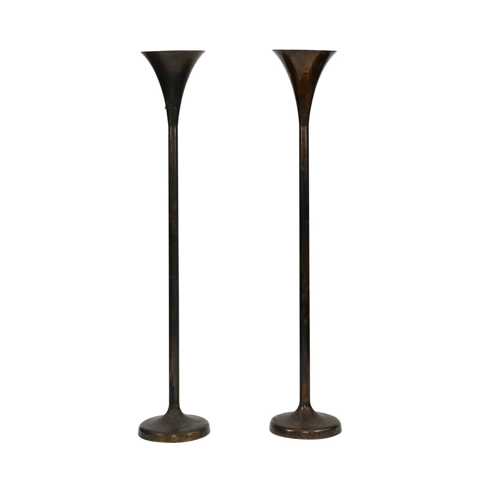 Pair of French Black Metal Torchères Floor Lamps from the 1950s