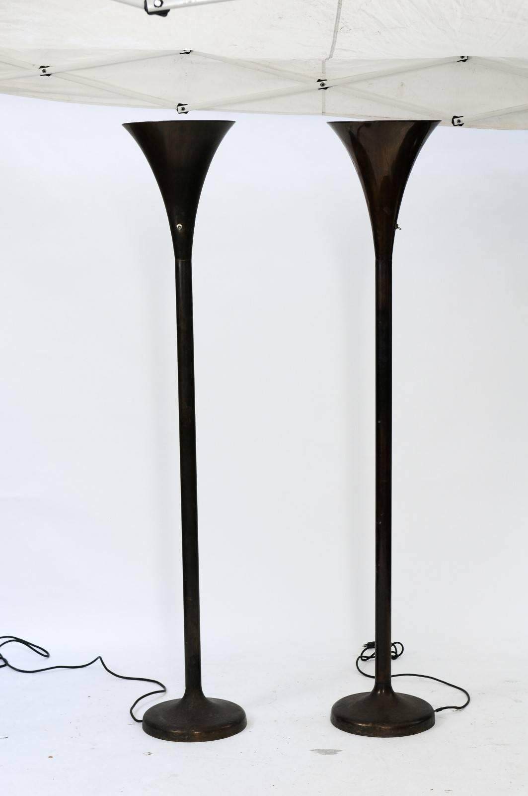 Mid-Century Modern Pair of French Black Metal Torchères Floor Lamps from the 1950s