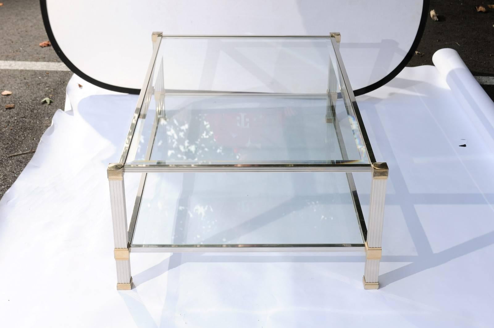 Glass French Brass and Chrome Signed Pierre Vandel Coffee Table from the 1960s