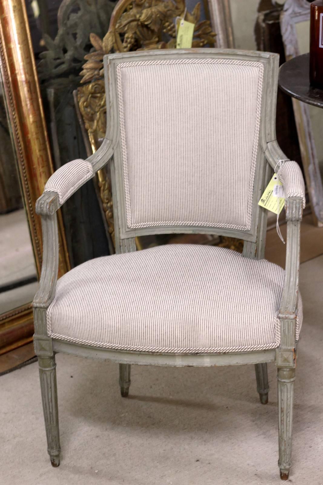 20th Century Pair of French Louis XVI Style Armchairs with Cotton Mattress Ticking Upholstery