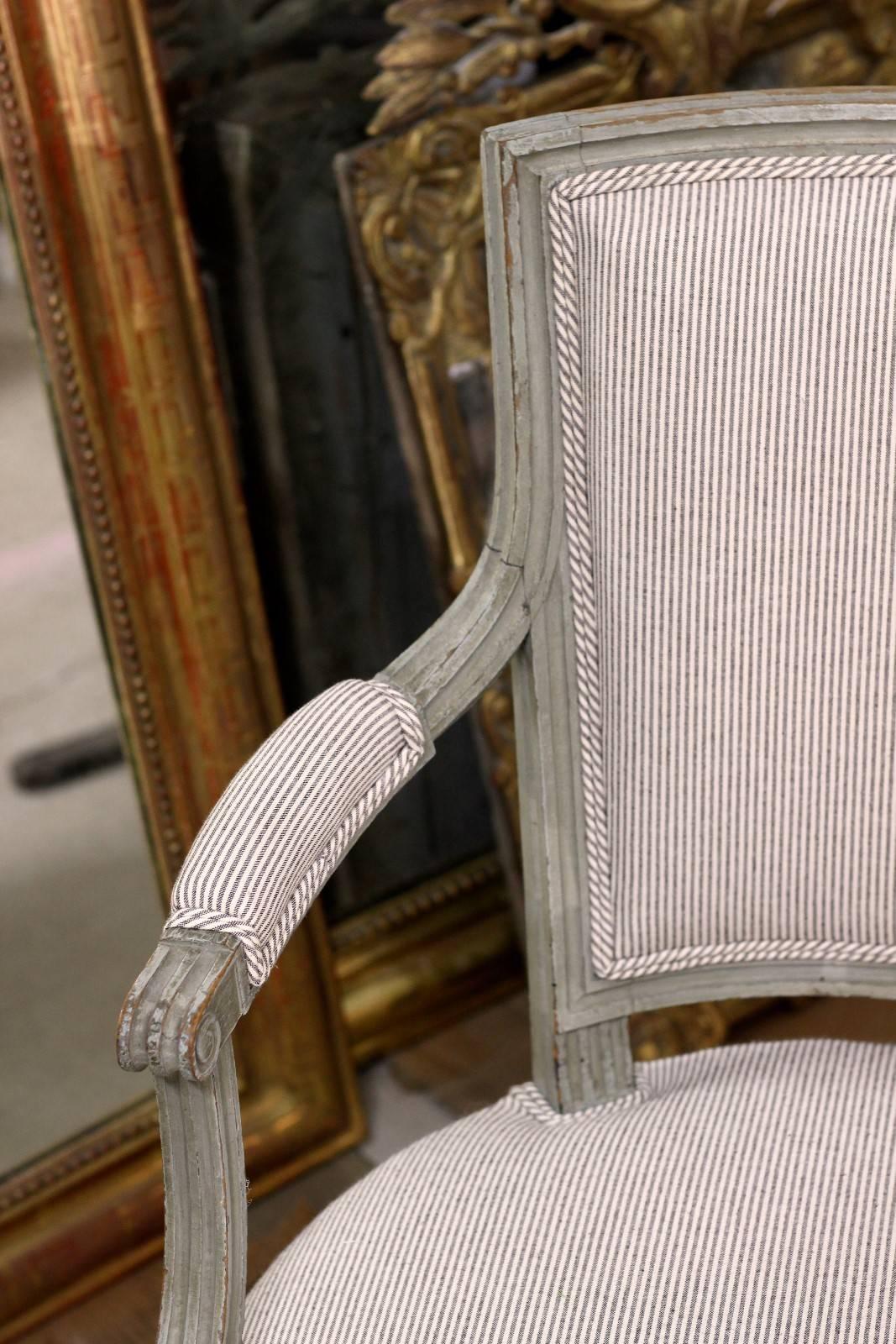 Pair of French Louis XVI Style Armchairs with Cotton Mattress Ticking Upholstery In Good Condition In Atlanta, GA