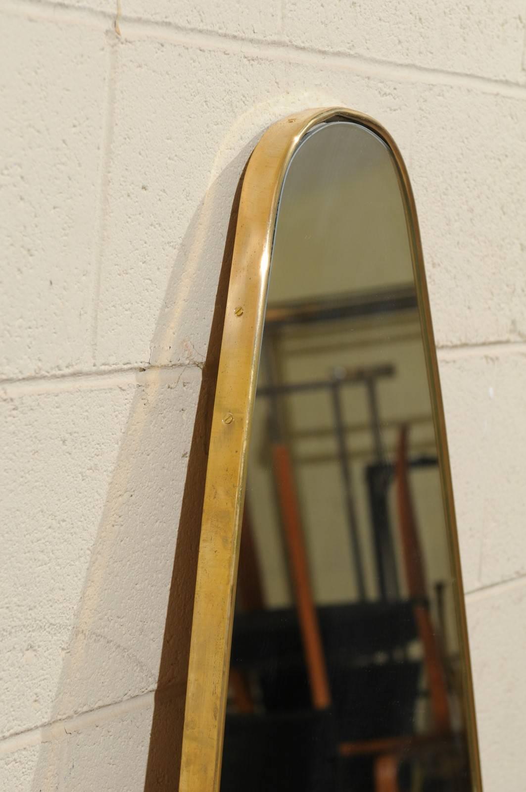 20th Century Vintage Italian 1970s Unusual Oval Tall Teardrop Shaped Mirror with Brass Frame