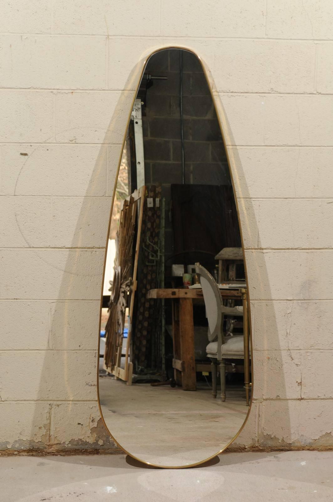 Mid-Century Modern Vintage Italian 1970s Unusual Oval Tall Teardrop Shaped Mirror with Brass Frame