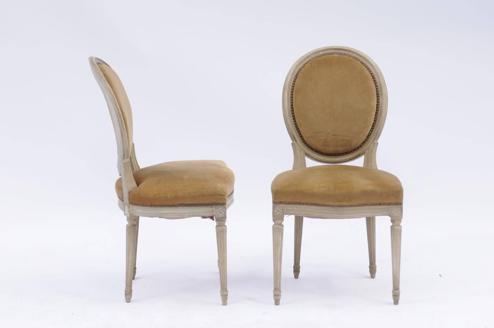 Pair of French Louis XVI Style Painted Wood Side Chairs with Original Upholstery In Good Condition In Atlanta, GA