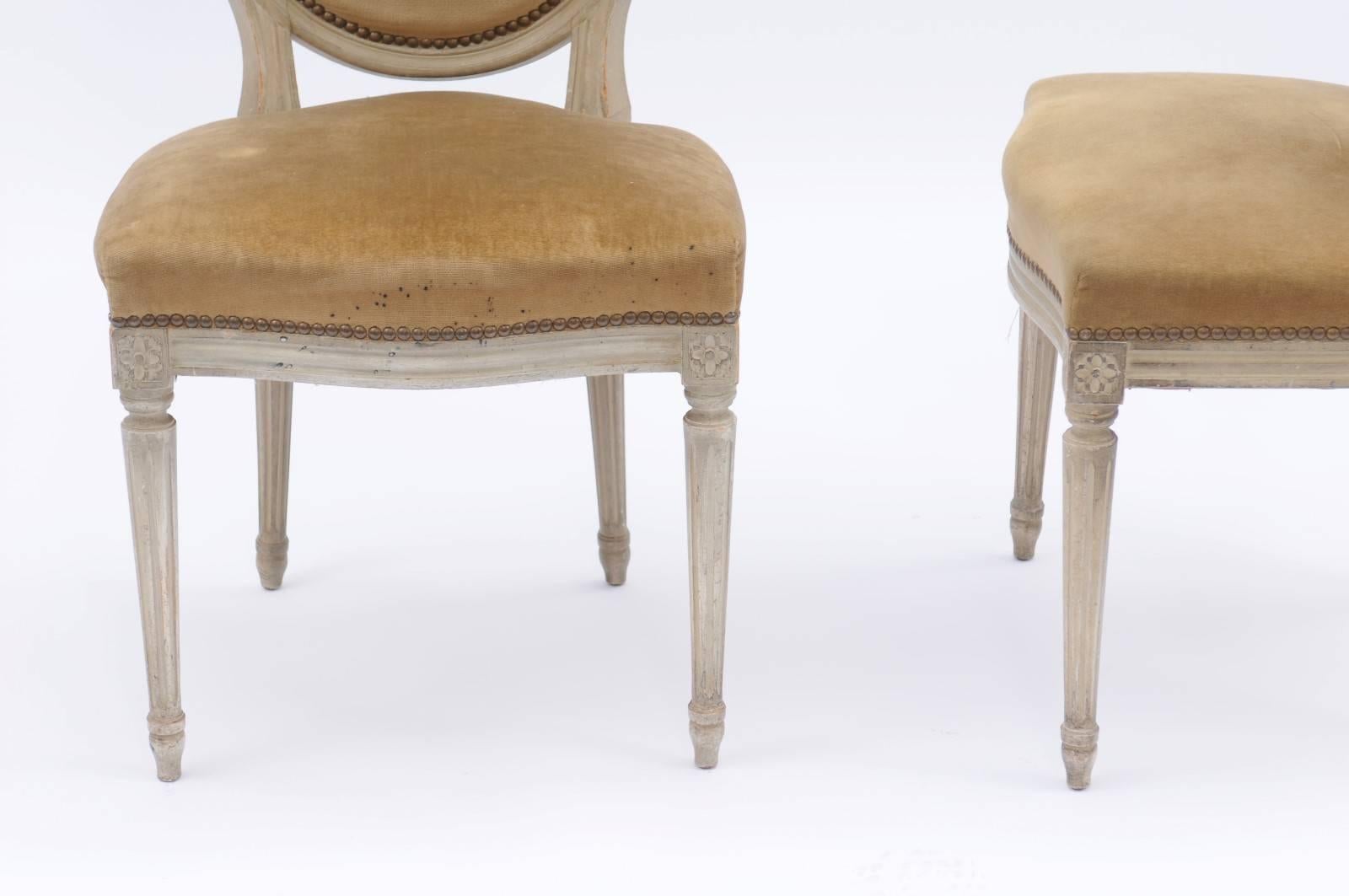 Pair of French Louis XVI Style Painted Wood Side Chairs with Original Upholstery 1