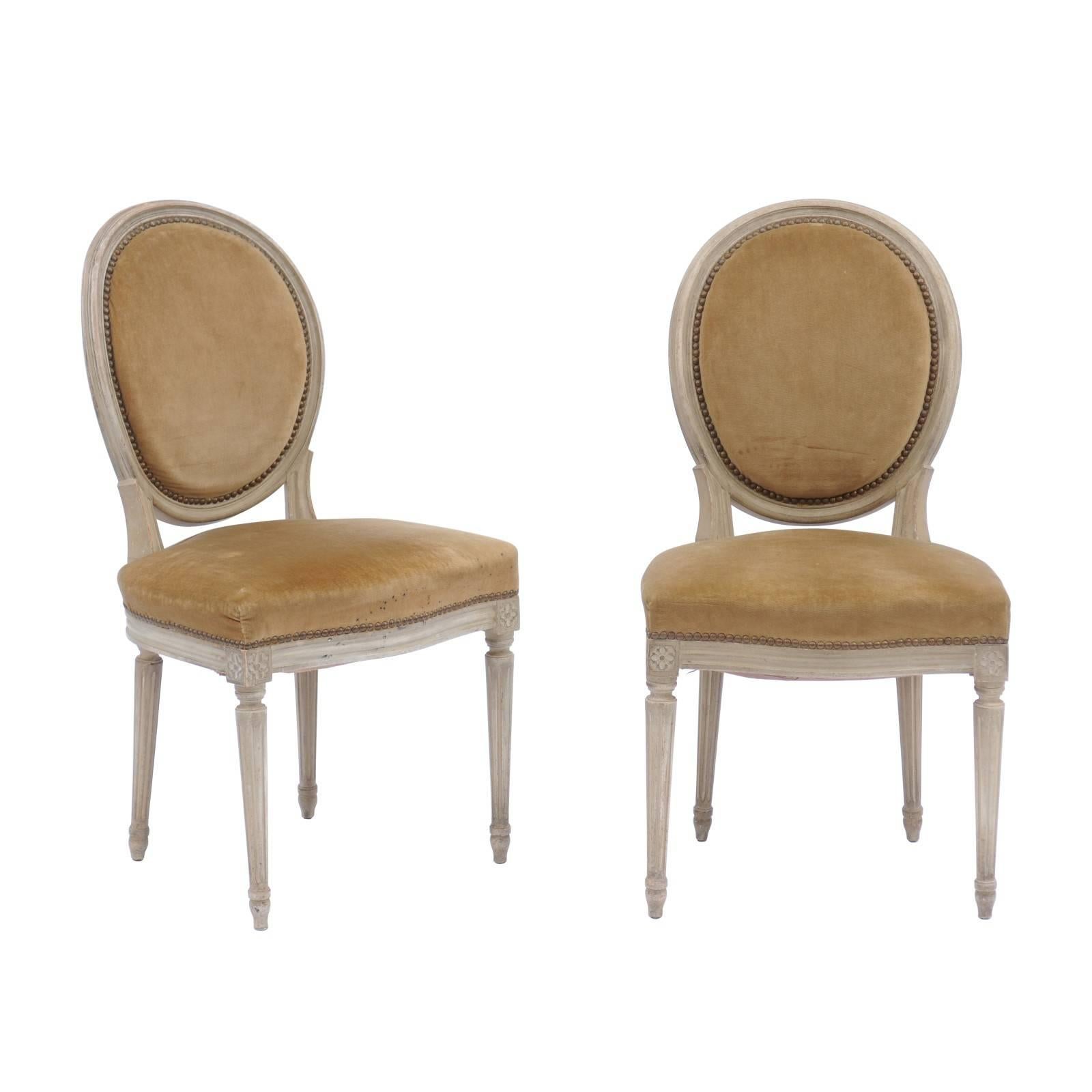 Pair of French Louis XVI Style Painted Wood Side Chairs with Original Upholstery