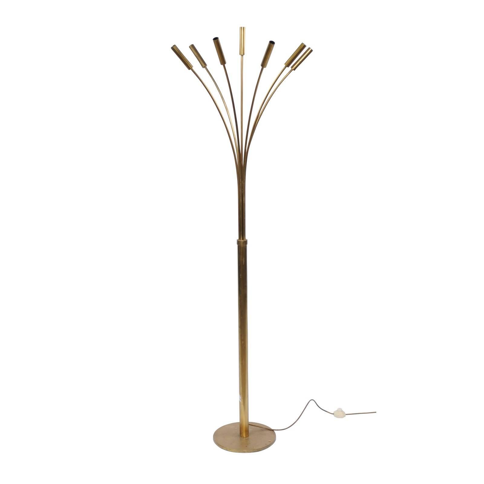 Vintage Italian Seven-Light Brass Floor Lamp with Arched Arms from the 1970s For Sale