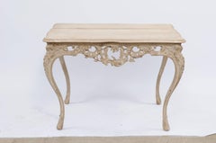 French Louis XV Style Stripped Oak Side Table with Carved Apron, Cabriole Legs
