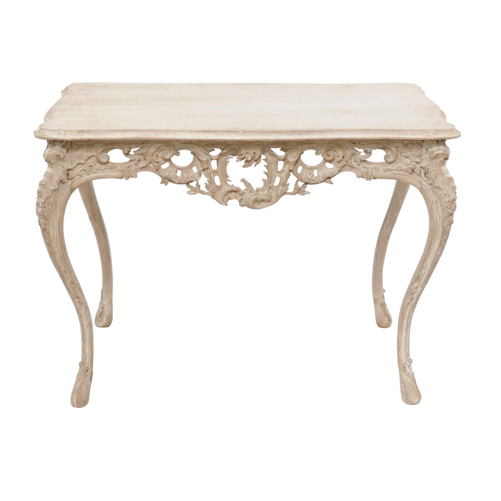 French Louis XV Style Stripped Oak Side Table with Carved Apron, Cabriole Legs