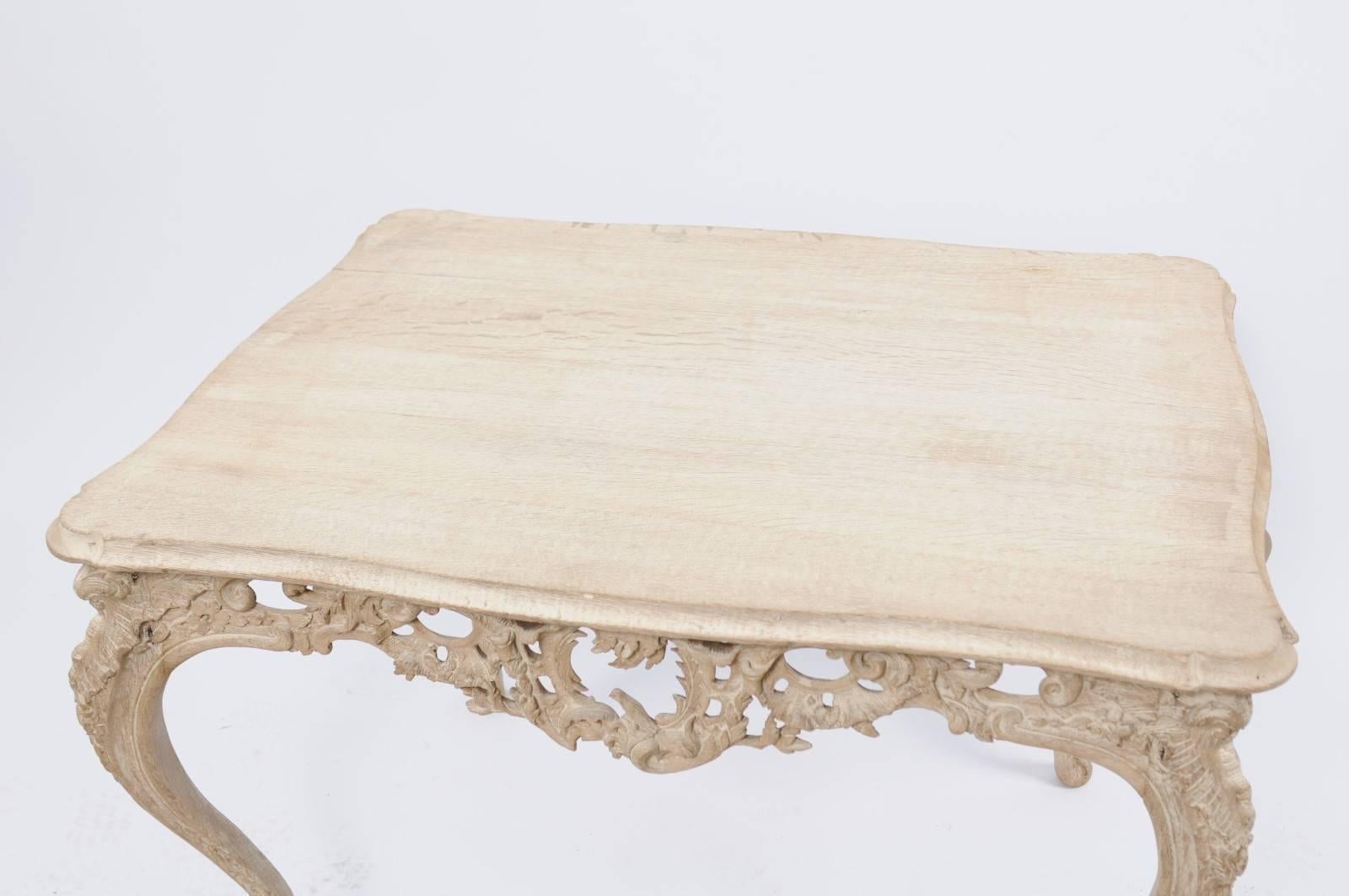 19th Century French Louis XV Style Stripped Oak Side Table with Carved Apron, Cabriole Legs