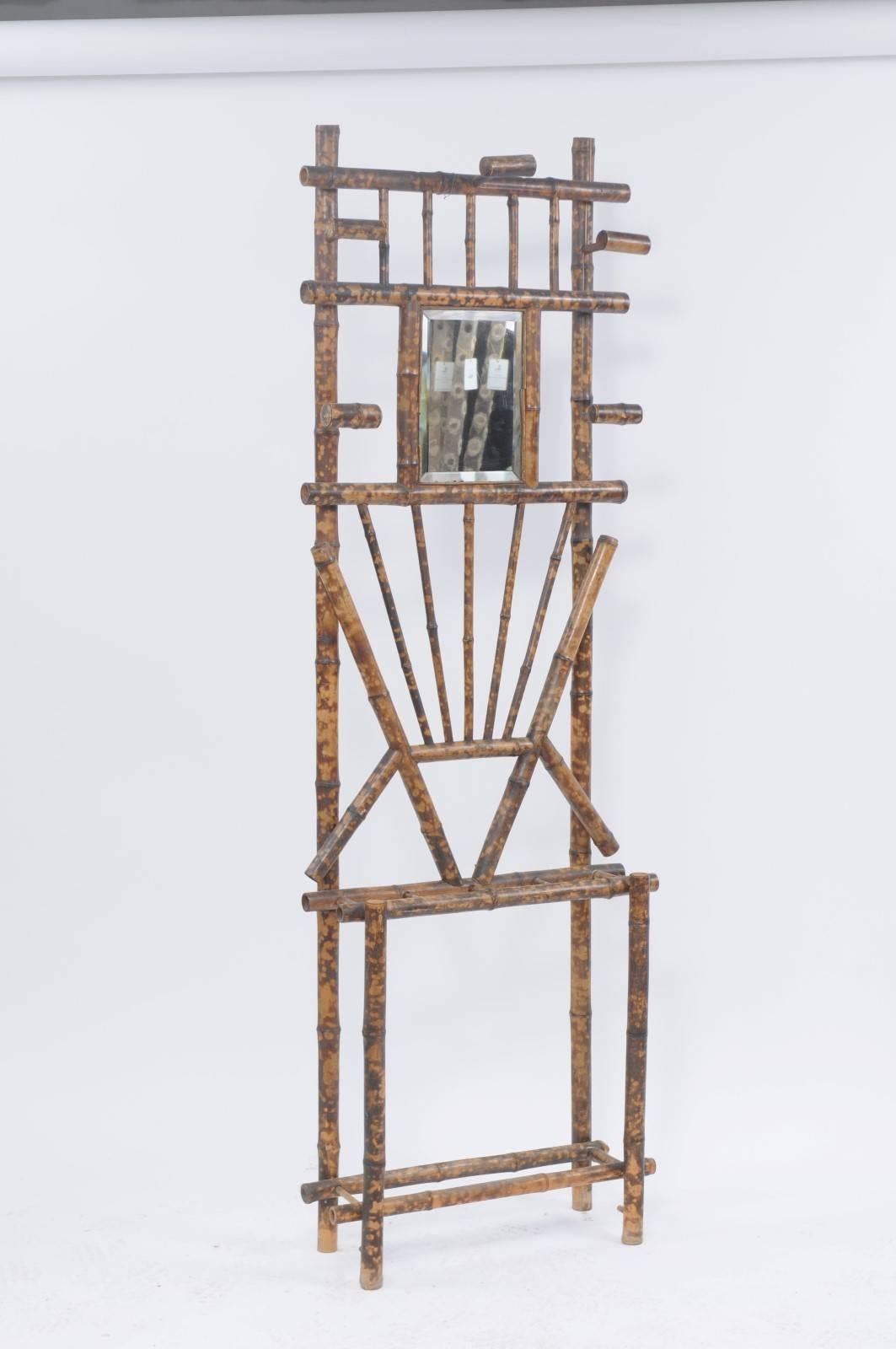 Stained French Tortoise-Colored Faux-Bamboo Coat Rack with Mirror from the 19th Century