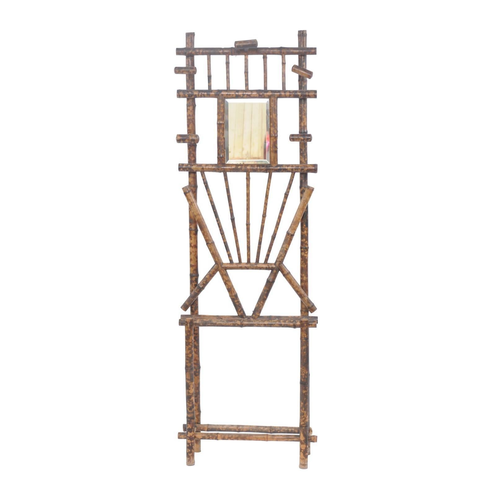 French Tortoise-Colored Faux-Bamboo Coat Rack with Mirror from the 19th Century