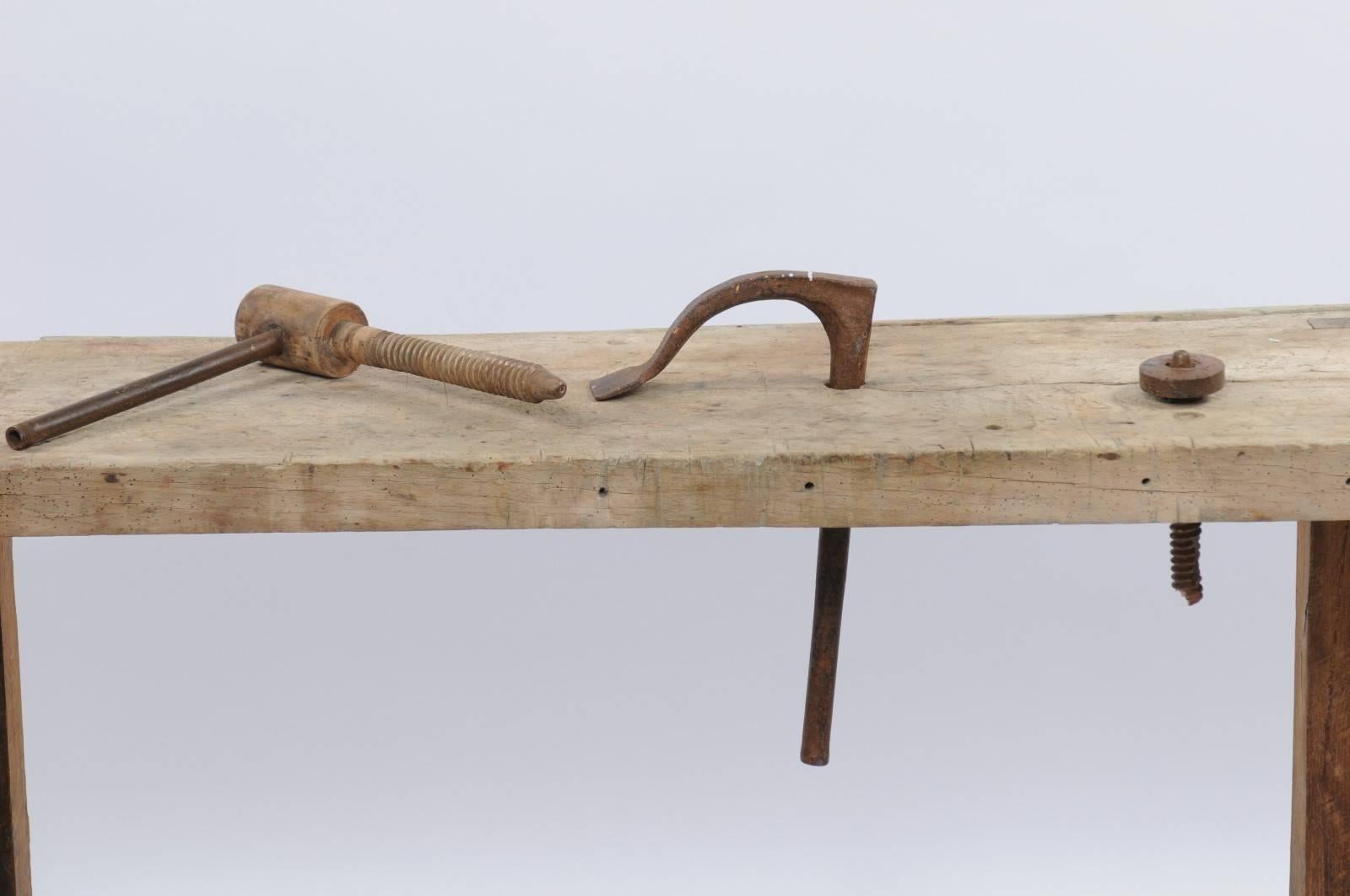 20th Century Rustic French 1920s Weathered Wood Workbench Établi with Iron Hand Crank