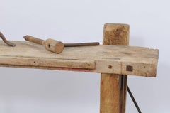 Rustic French 1920s Weathered Wood Workbench Établi with Iron Hand Crank
