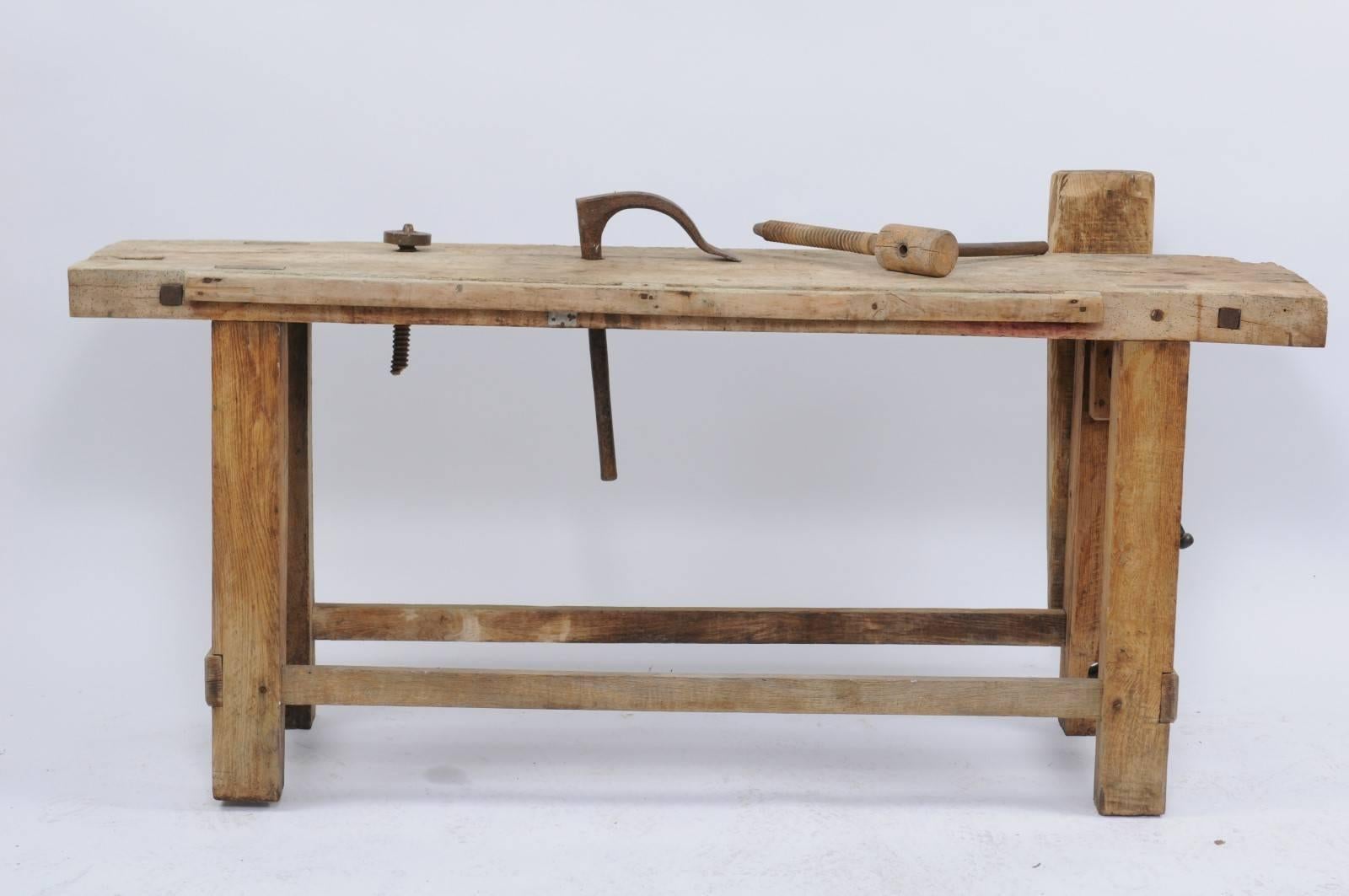 Rustic French 1920s Weathered Wood Workbench Établi with Iron Hand Crank In Good Condition In Atlanta, GA
