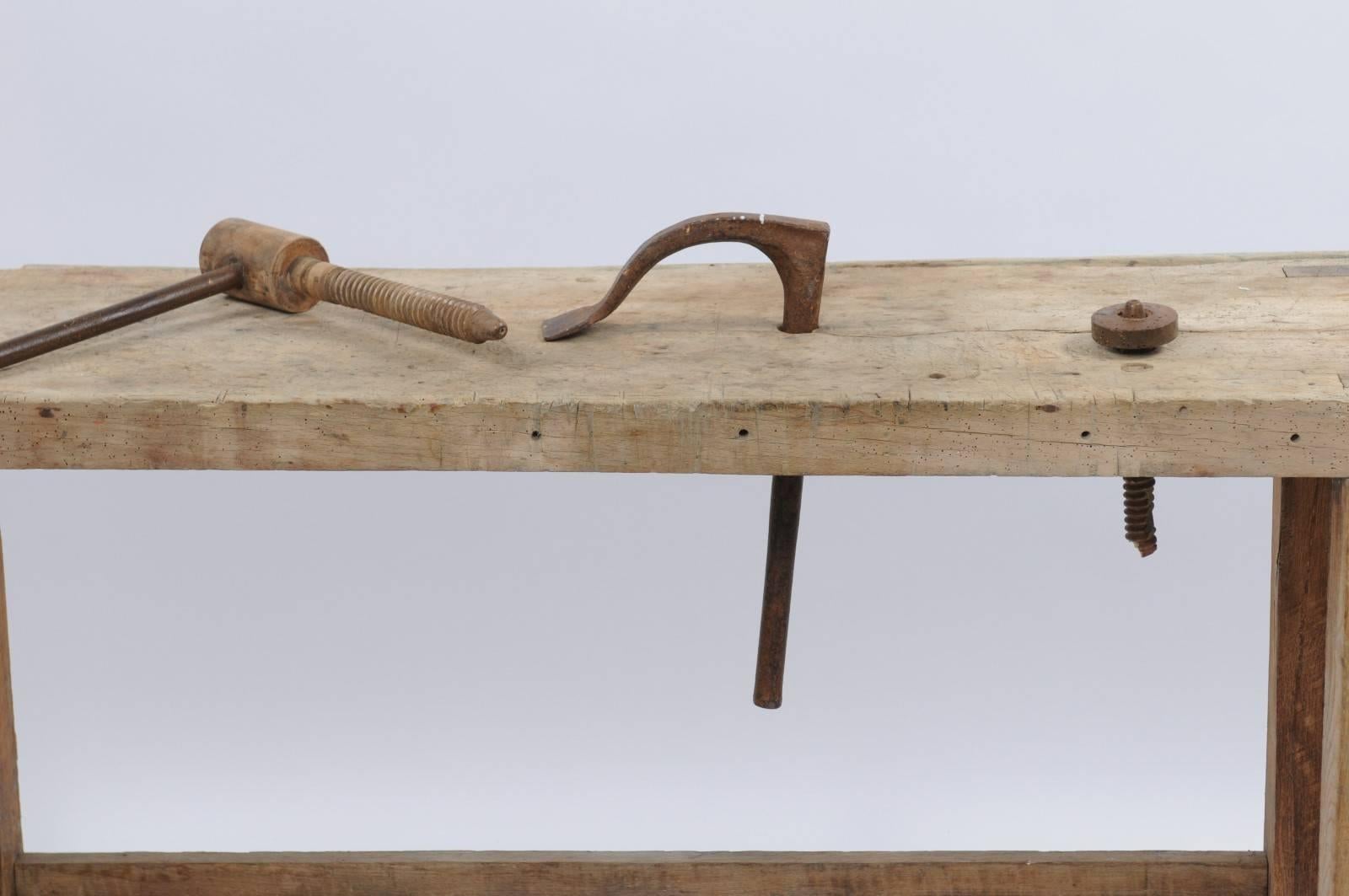 Rustic French 1920s Weathered Wood Workbench Établi with Iron Hand Crank 2