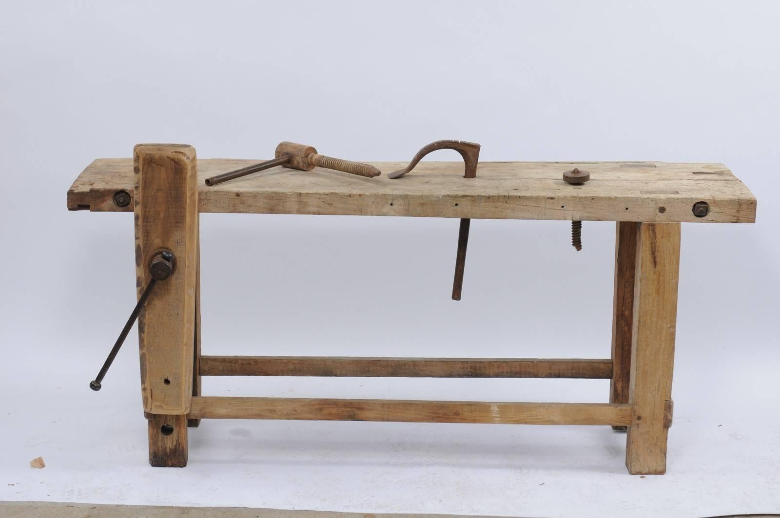 Rustic French 1920s Weathered Wood Workbench Établi with Iron Hand Crank 4
