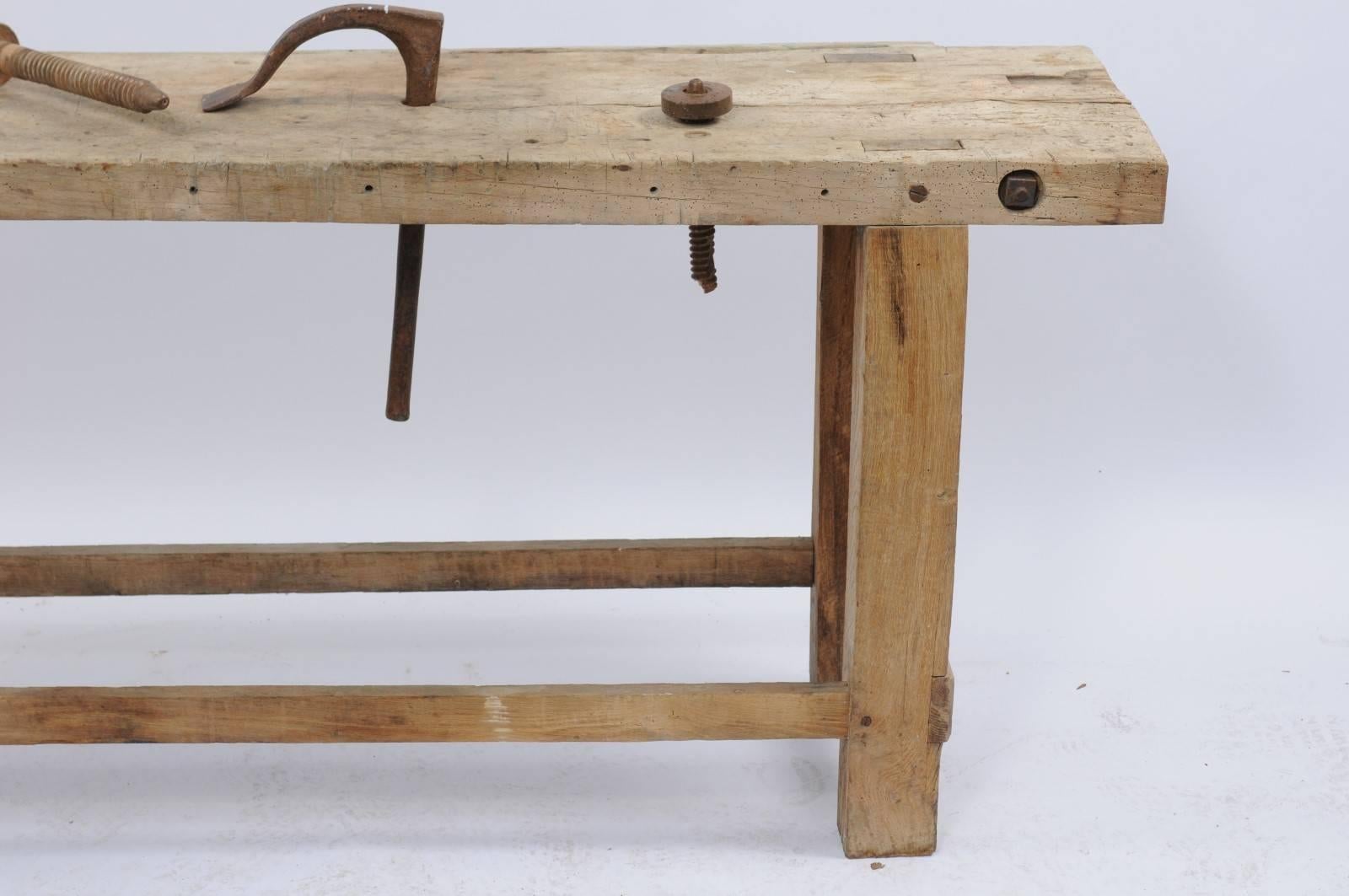 Rustic French 1920s Weathered Wood Workbench Établi with Iron Hand Crank 1