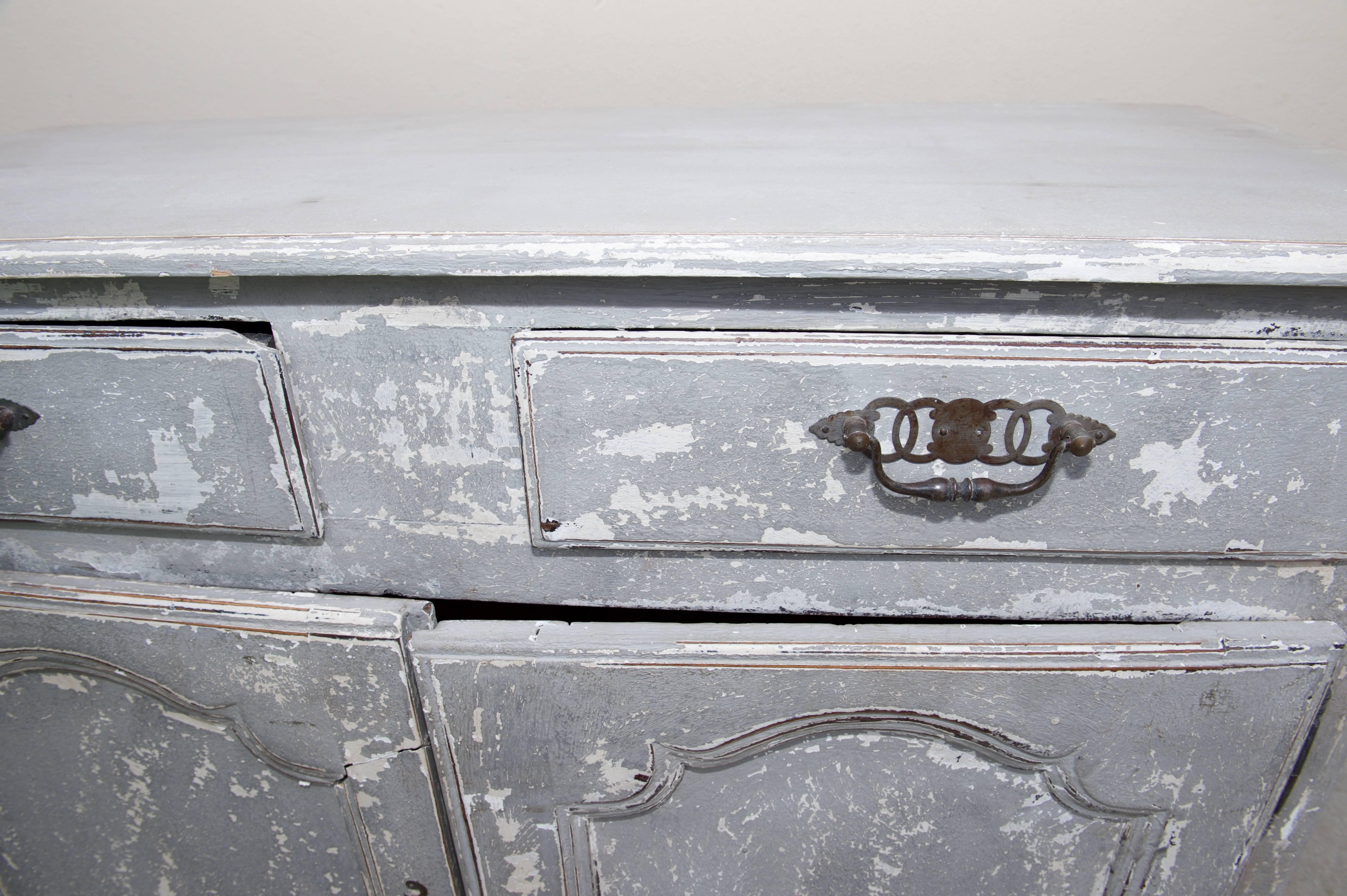 French Louis XV Style Late 19th Century Grey Painted Oak Buffet In Good Condition In Atlanta, GA