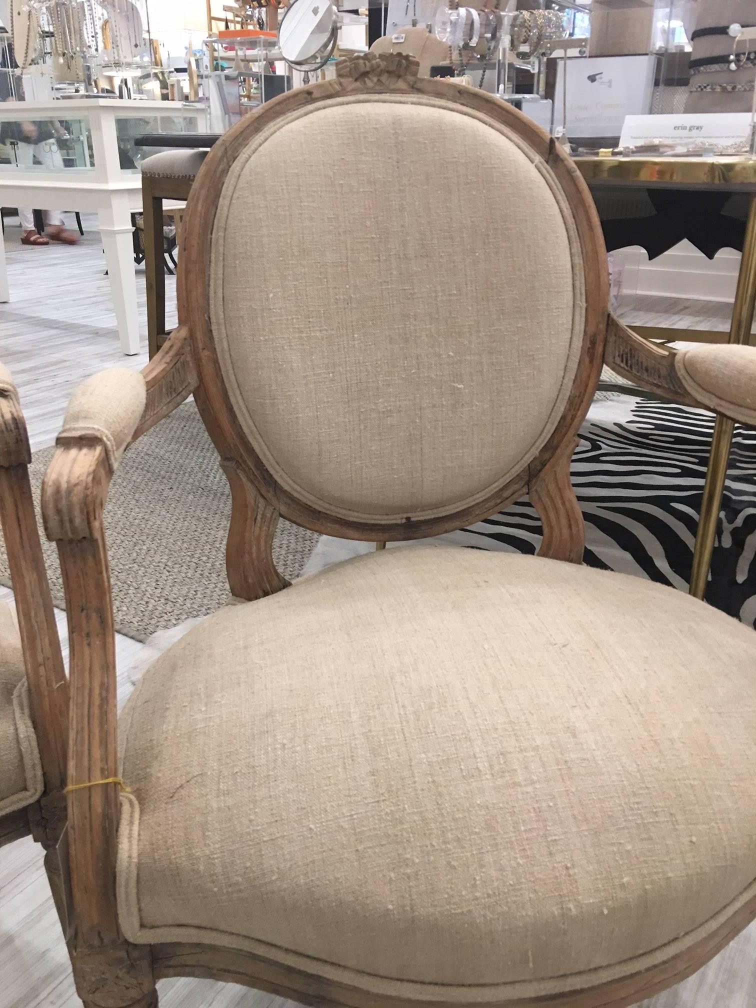 Pair of French, Louis XVI Style Carved Limed Oak Mid-19th Century Armchairs In Good Condition In Atlanta, GA