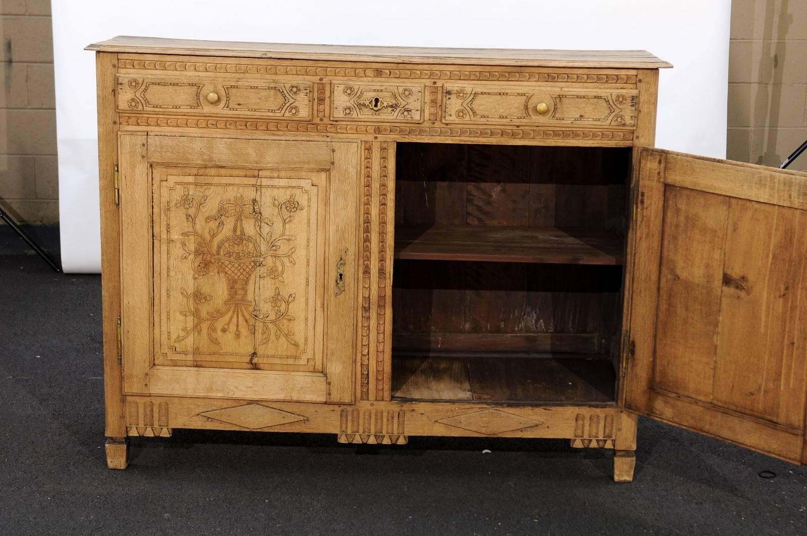 Belgian Louis XVI Style Stripped and Carved Oak Buffet, From Belgium, Mid-19th Century
