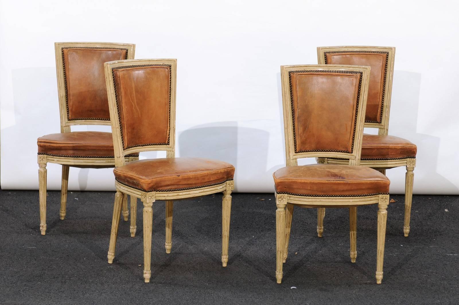 Set of Four French Louis XVI Style Chairs with Leathers Seats, circa 1950 In Good Condition In Atlanta, GA