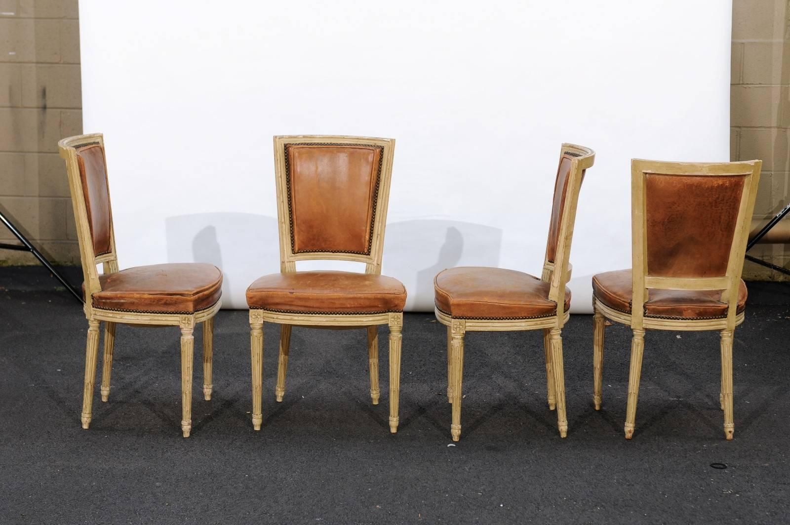 20th Century Set of Four French Louis XVI Style Chairs with Leathers Seats, circa 1950