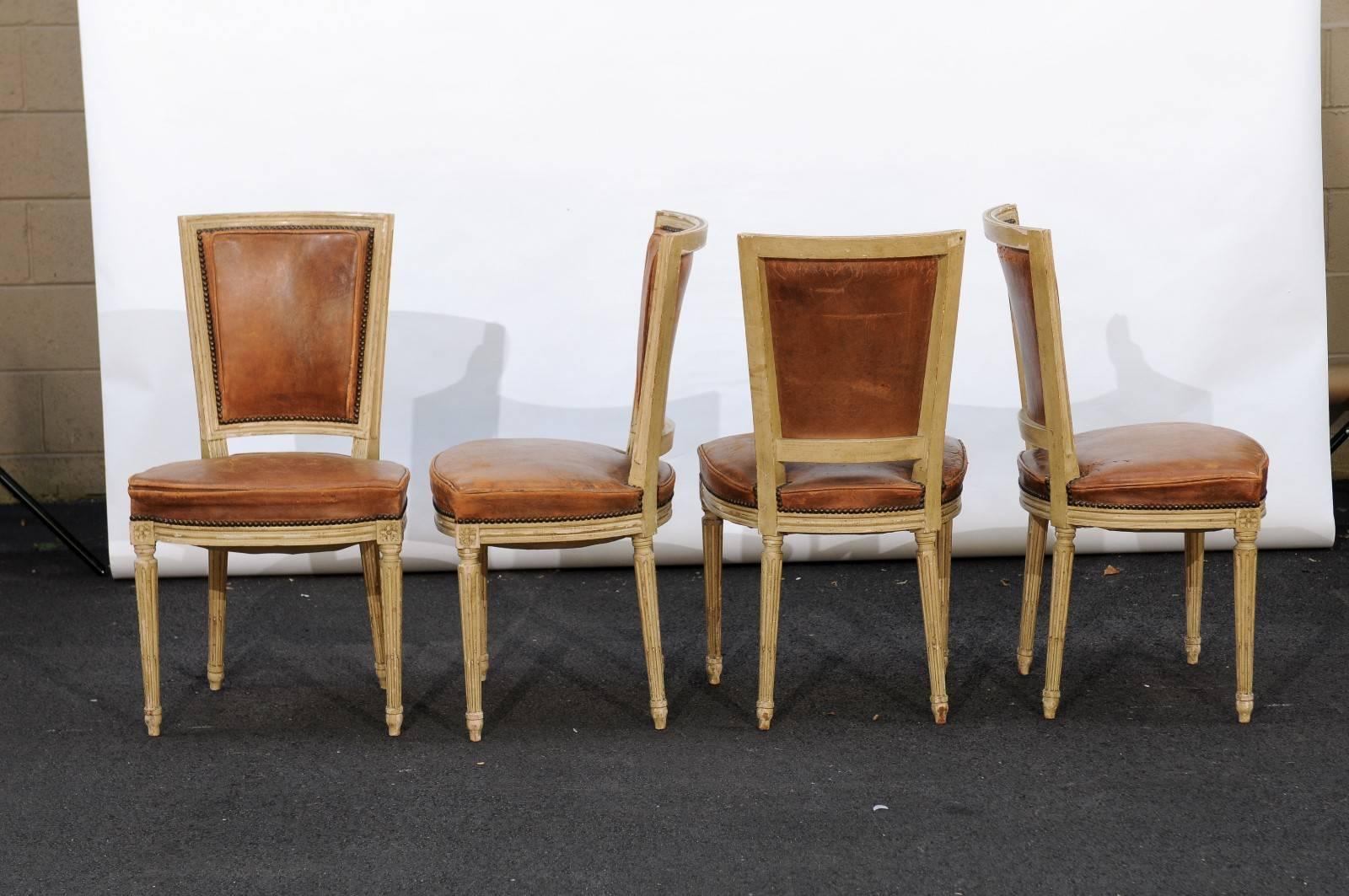 Set of Four French Louis XVI Style Chairs with Leathers Seats, circa 1950 1