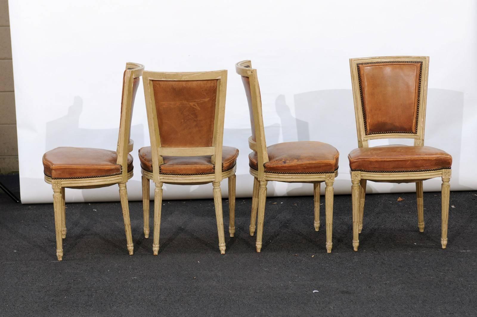 Set of Four French Louis XVI Style Chairs with Leathers Seats, circa 1950 2