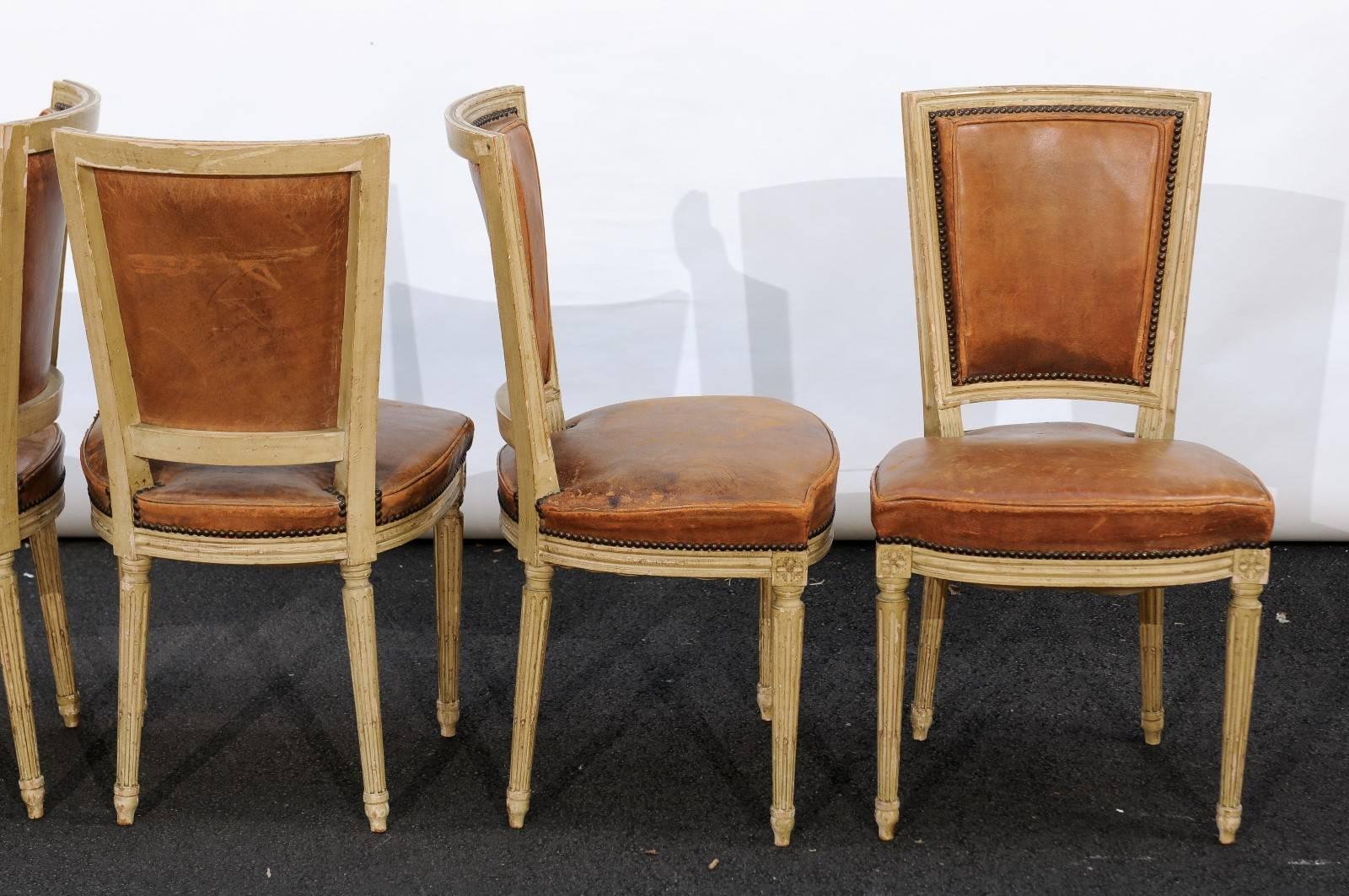 Set of Four French Louis XVI Style Chairs with Leathers Seats, circa 1950 3