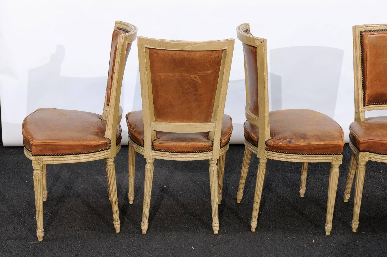 Set of Four French Louis XVI Style Chairs with Leathers Seats, circa 1950 4