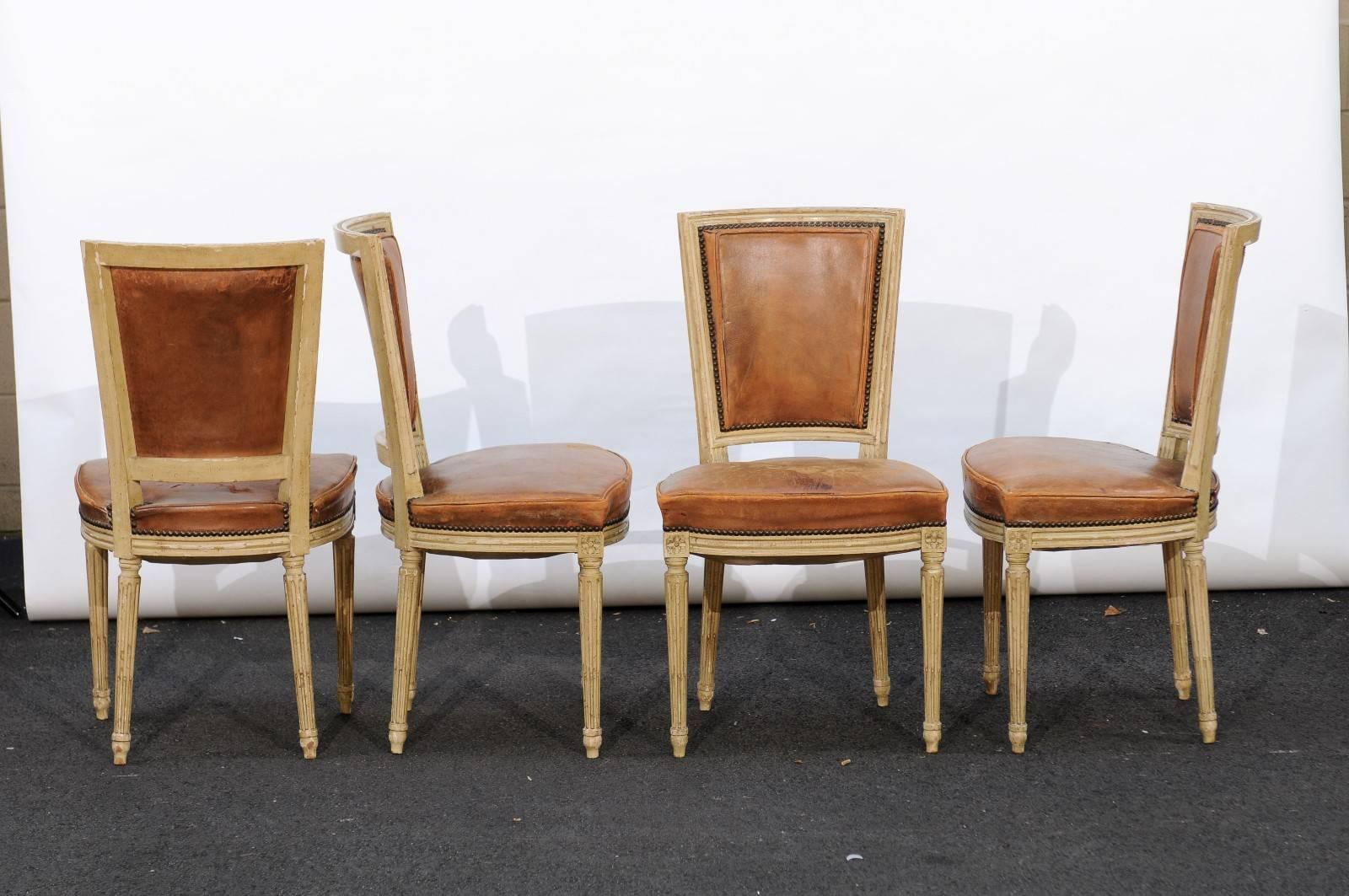 Set of Four French Louis XVI Style Chairs with Leathers Seats, circa 1950 5