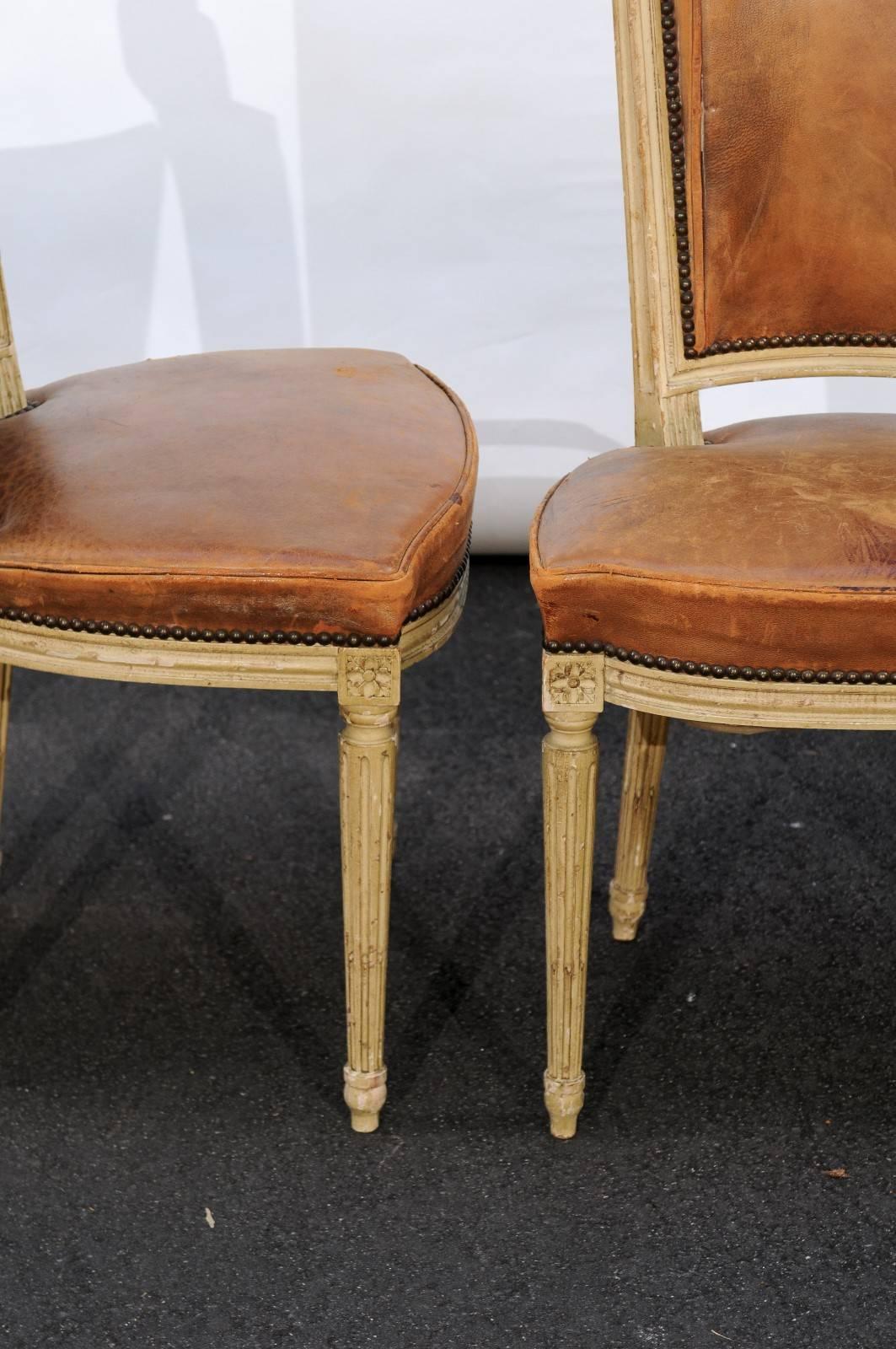 Set of Four French Louis XVI Style Chairs with Leathers Seats, circa 1950 6