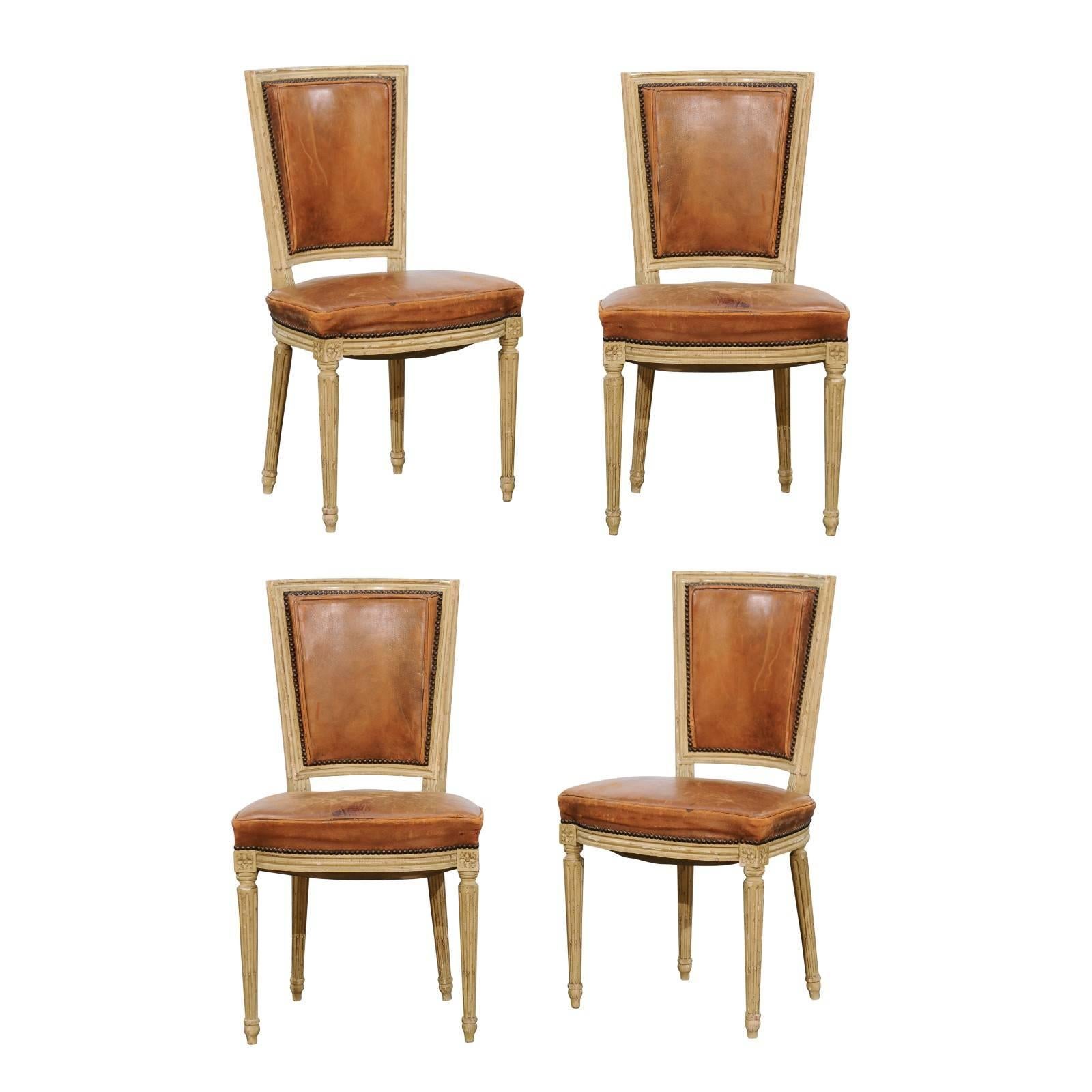 Set of Four French Louis XVI Style Chairs with Leathers Seats, circa 1950