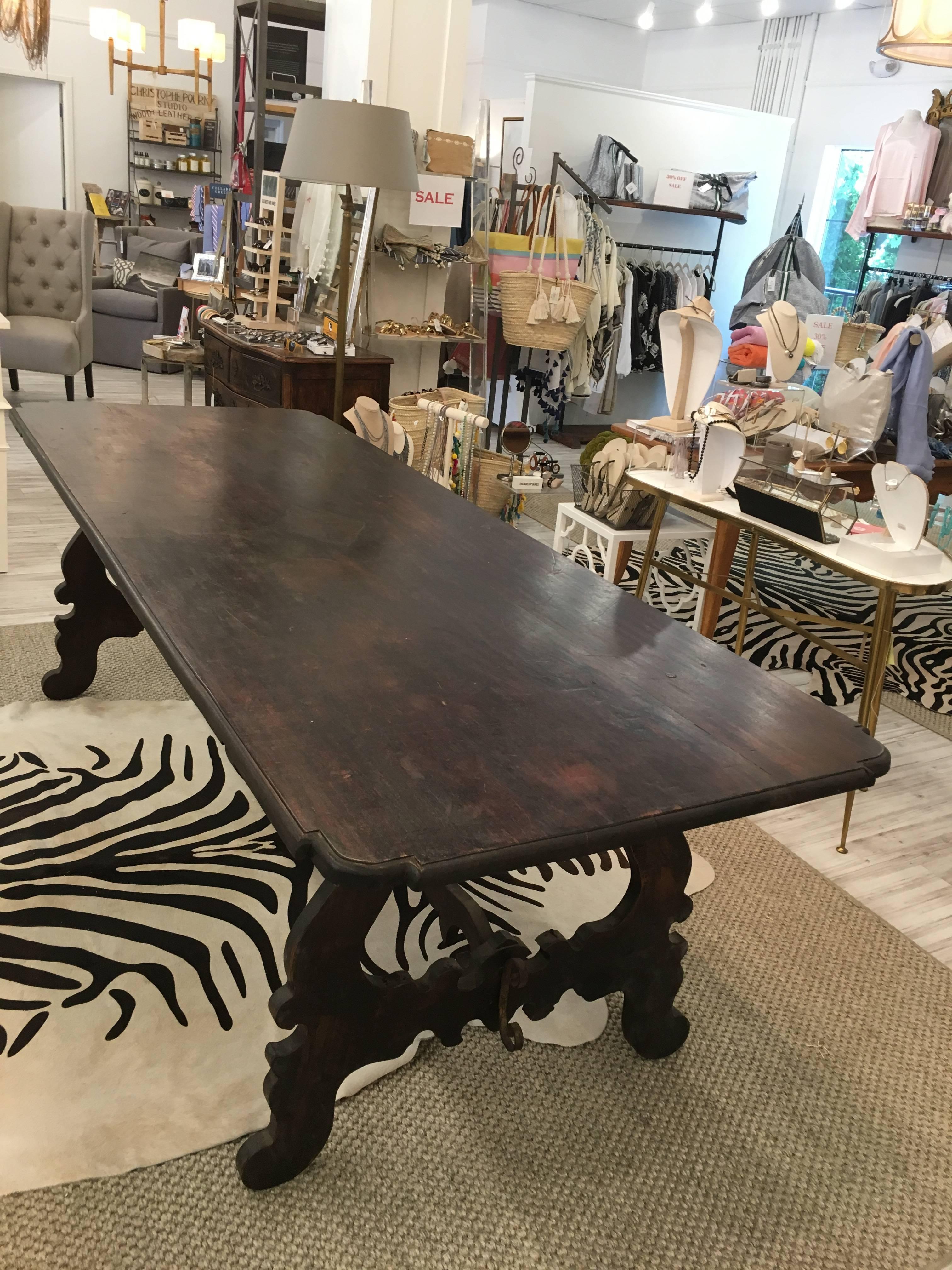 Italian Baroque Style Late 19th Century Dark Wood Monastery Table with Lyre Legs In Good Condition In Atlanta, GA