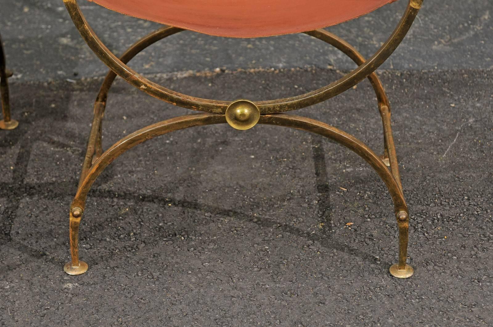 French Regency Campaign Curule Leather and Brass Chair from the 1940s 1