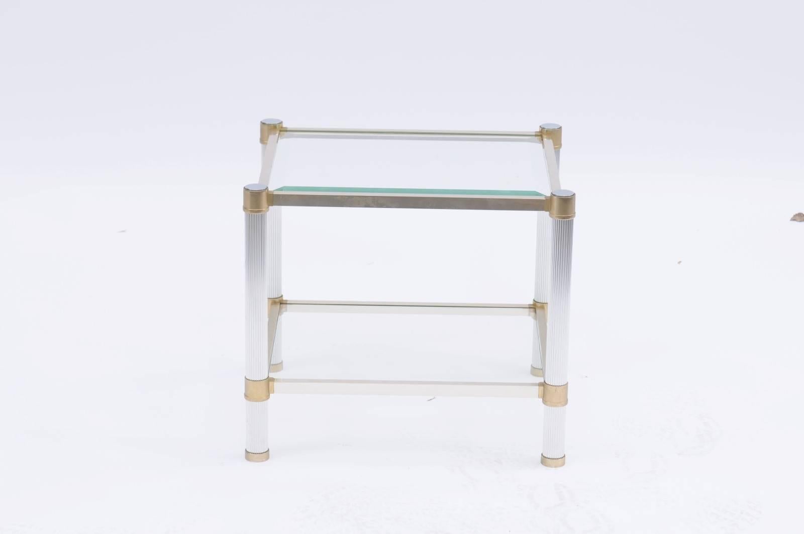 Vintage Pierre Vandel Midcentury Brushed Silver, Brass and Glass Side Table In Good Condition In Atlanta, GA
