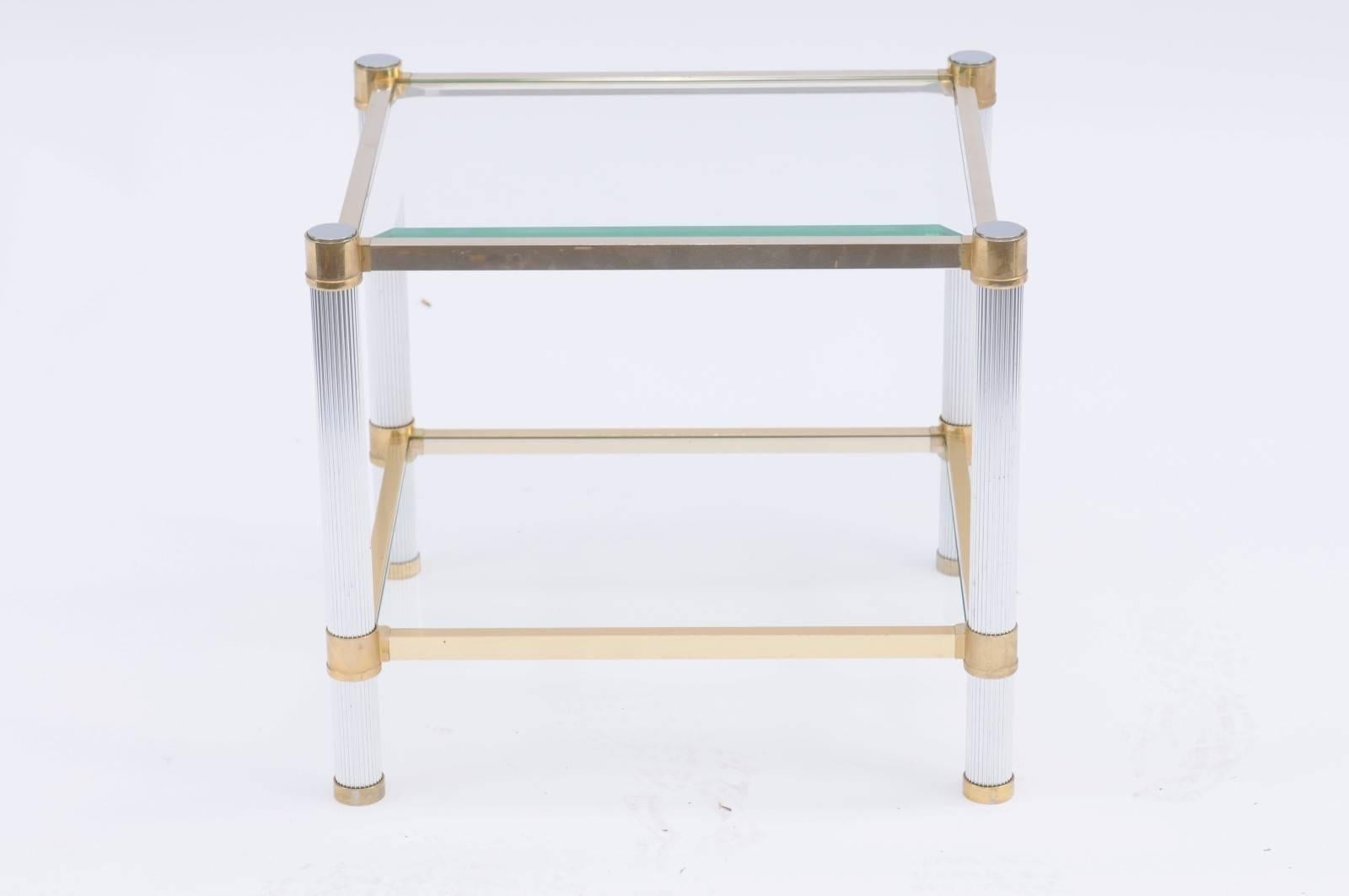 Vintage Pierre Vandel Midcentury Brushed Silver, Brass and Glass Side Table 3