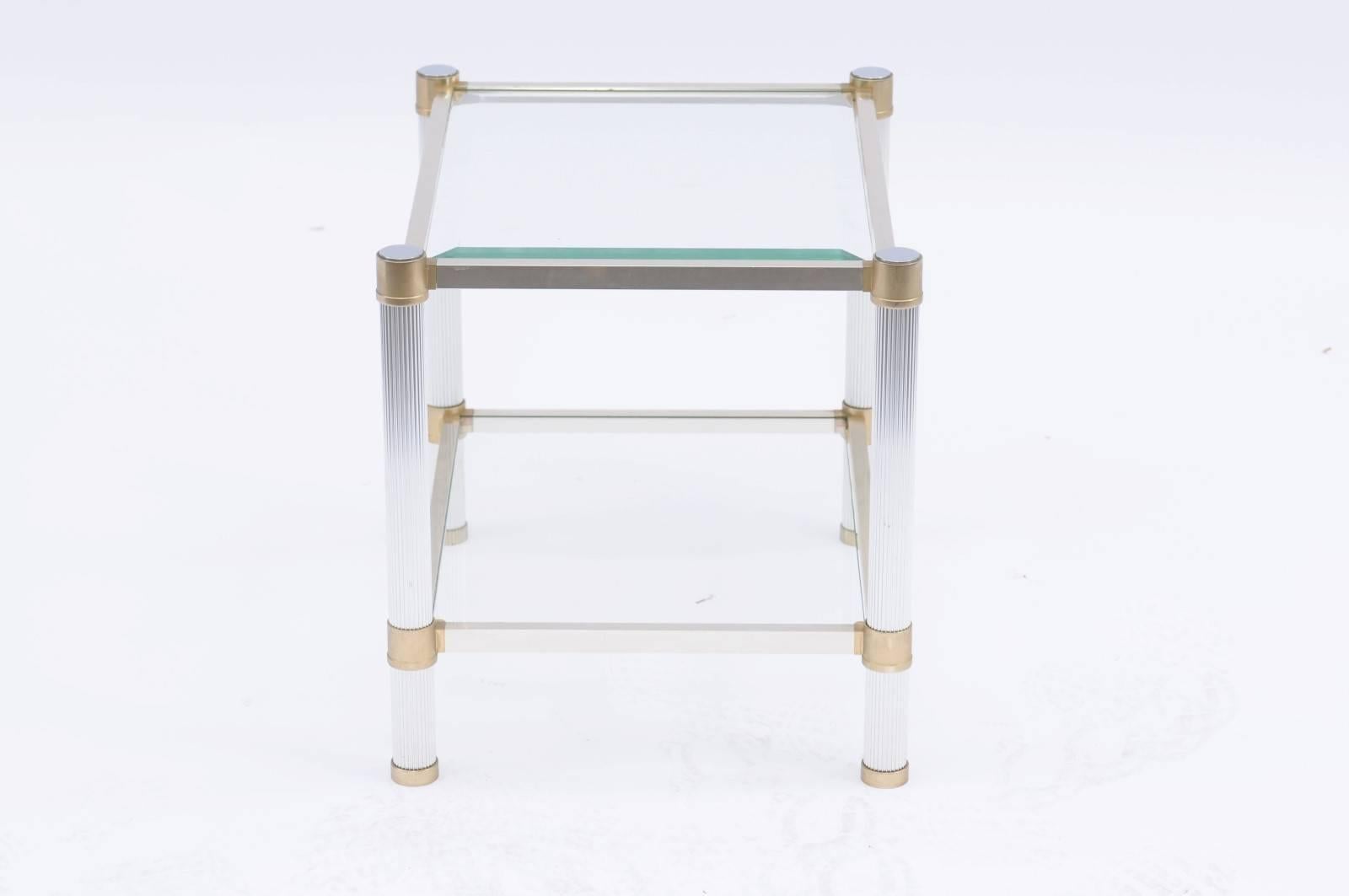 French Vintage Pierre Vandel Midcentury Brushed Silver, Brass and Glass Side Table