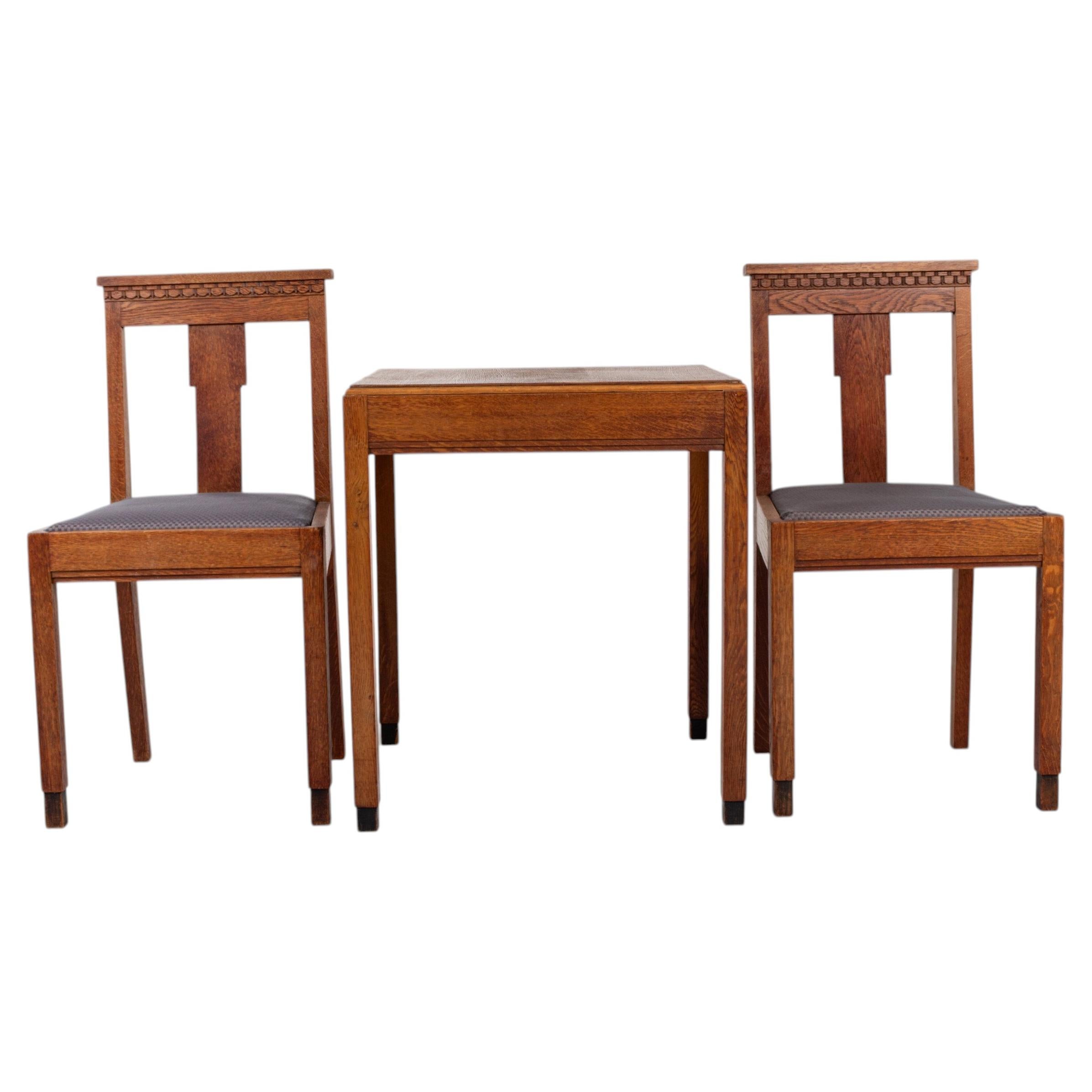 Vintage Art Deco Haagse School Oak Dining Set with Two Chairs, Netherlands