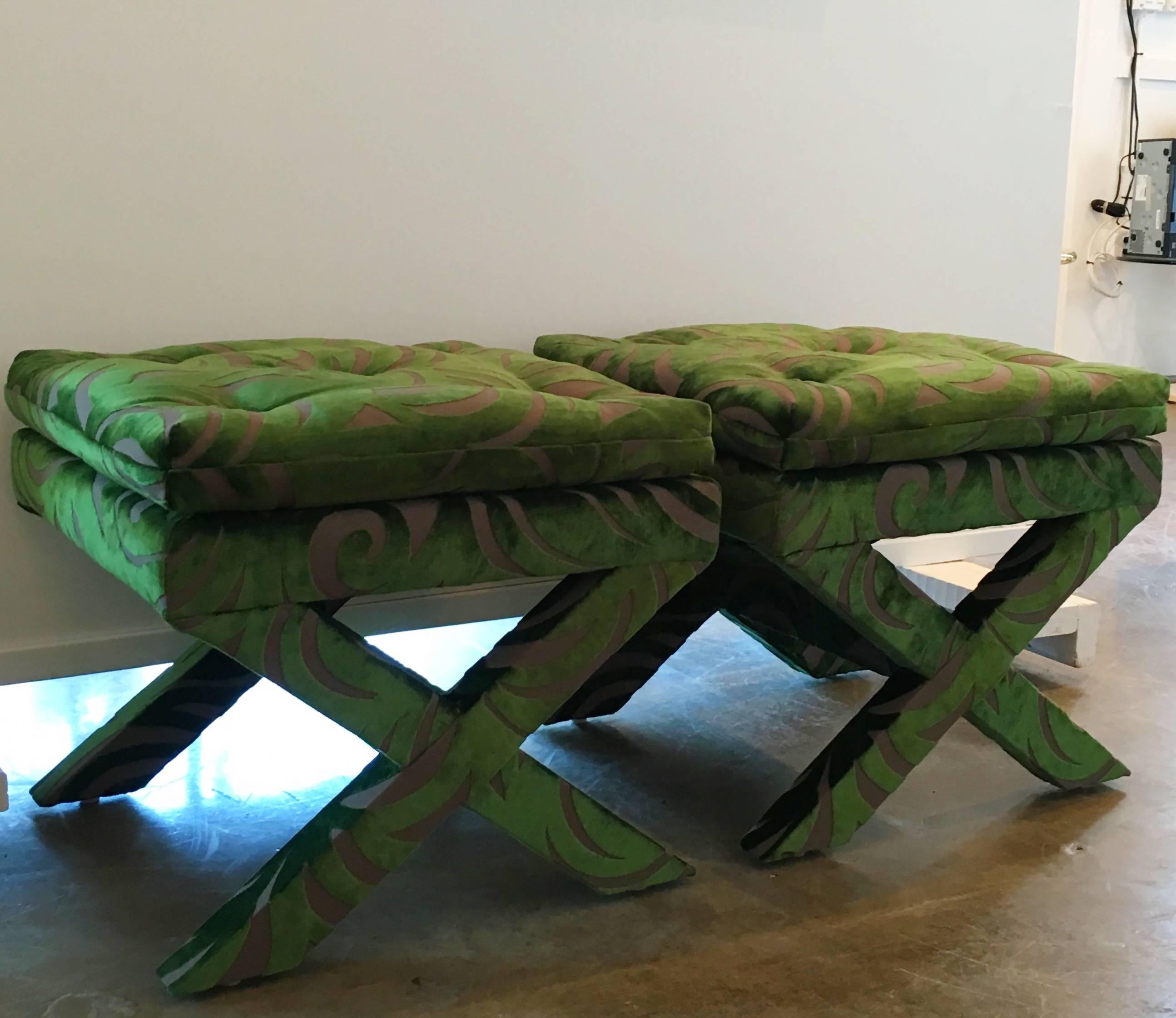 Offered are a pair of Billy Baldwin benches newly upholstered in an emerald green and dove gray burnt-out velvet fabric with a modern palm motif.  The pair exude Hollywood Glamour!  They are quite versatile and could be placed in just about any room.