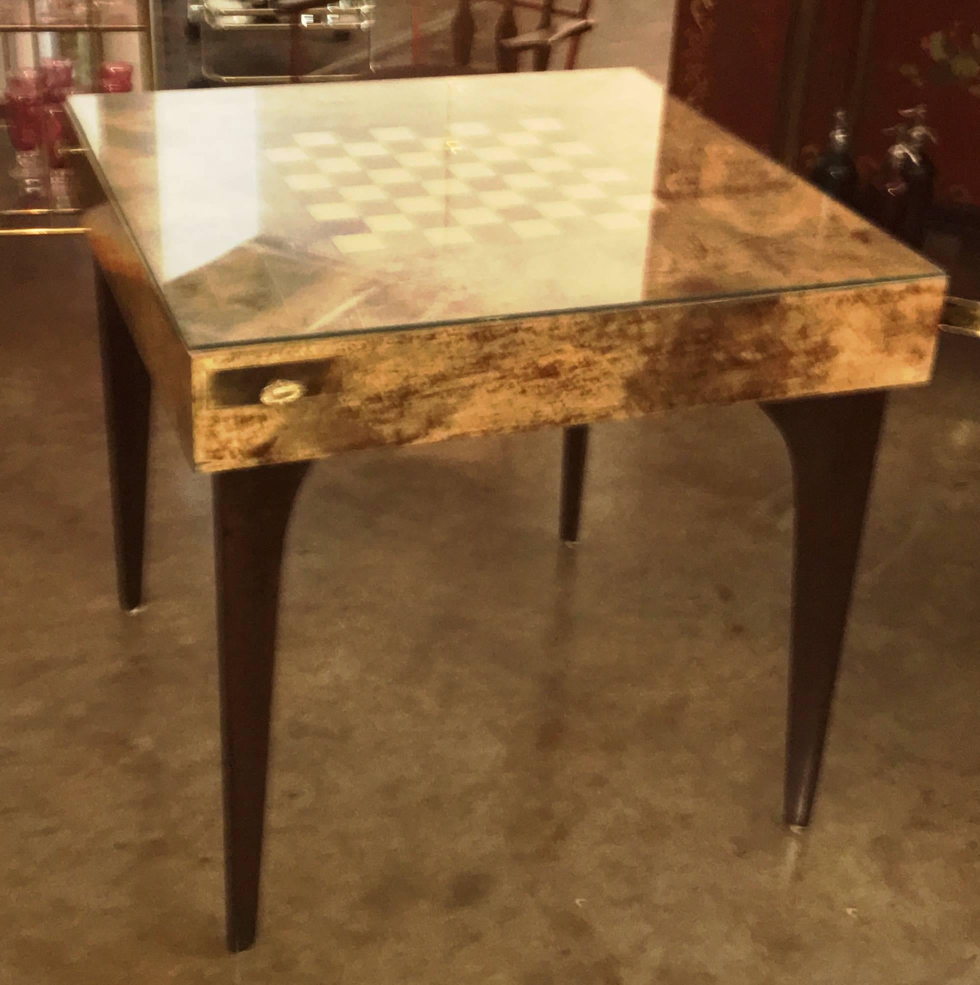 Mid-Century Modern Aldo Tura Game Table with Lacquered Goatskin, Brass Drawers, Wood and Glass Top 