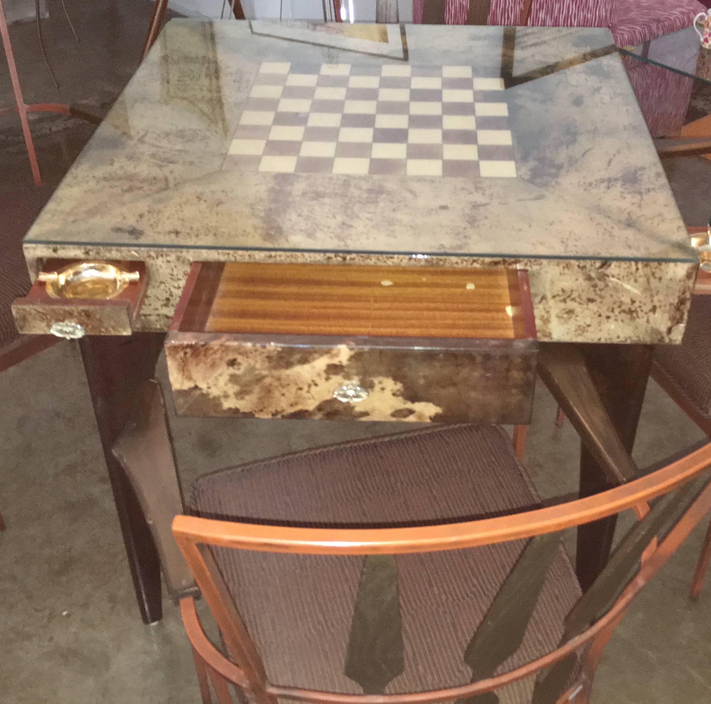 Aldo Tura Game Table with Lacquered Goatskin, Brass Drawers, Wood and Glass Top  In Good Condition In Houston, TX