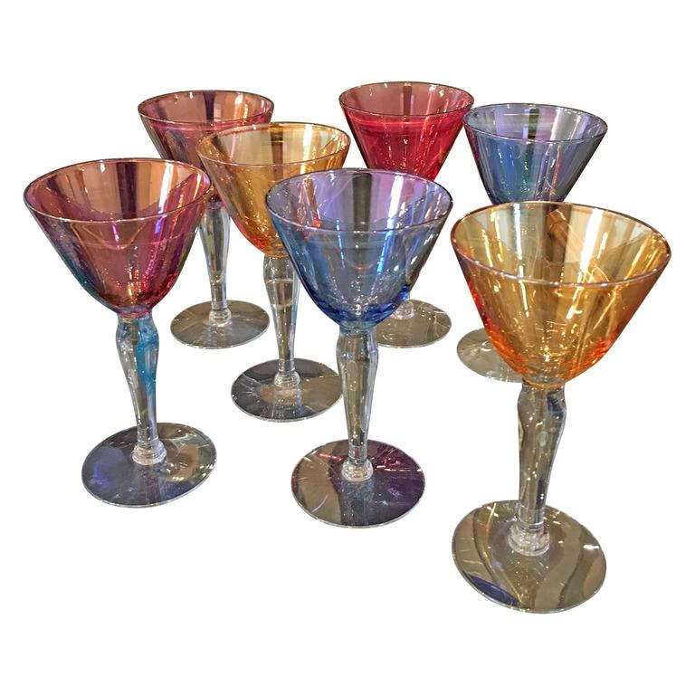 Seven Vintage West Virginia Glass Specialty Multicolored Luster Wine