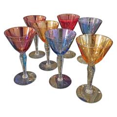 Seven Vintage West Virginia Glass Specialty Multicolored Luster Wine Glasses