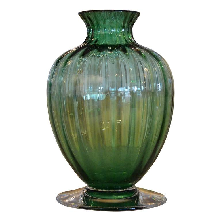 Mid Century Modern Signed Baccarat Emerald Green Crystal Ribbed Baluster Vase For Sale at 1stdibs