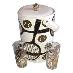Georges Briard Signed Tennis Themed Ice Bucket & Tom Collins Cocktail Glasses(2) 8