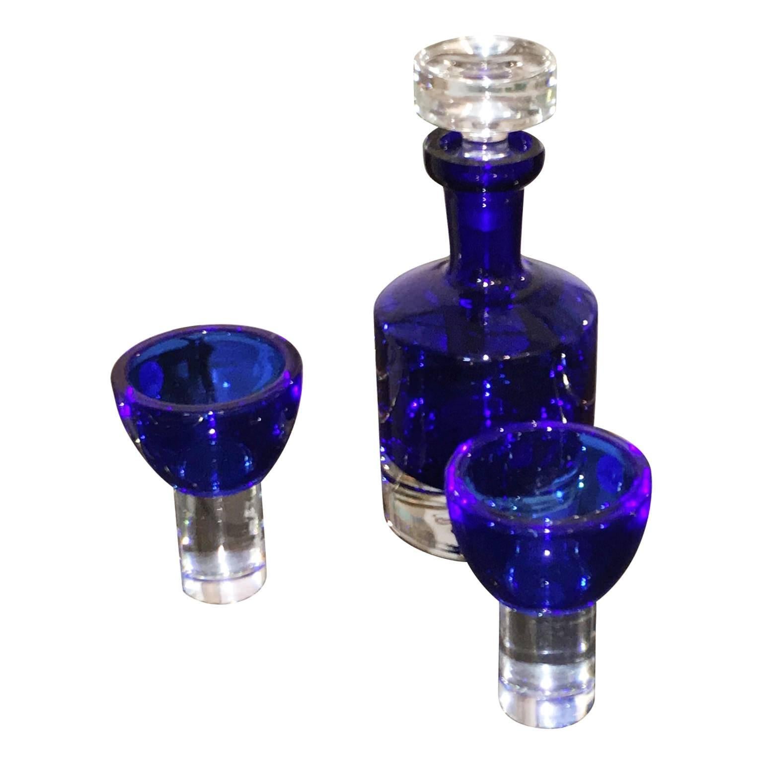  20th Century Blue Decator w/ 2 Crystal Glasses by Cristal d' Arques, France