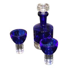 Vintage  20th Century Blue Decator w/ 2 Crystal Glasses by Cristal d' Arques, France